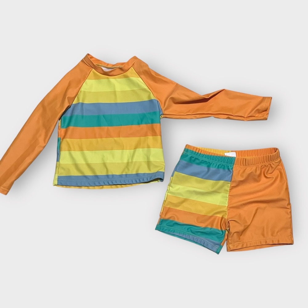 SHEIN 2-3Y Orange Rainbow Rashguard Swim Set Retro Stripe EUC